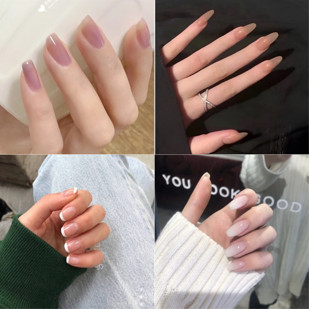 【ฟรีกาวสติกเกอร์ 12 ชิ้น】เล็บปลอมอะคริลิค สีขาว สีชมพู สไตล์ฝรั่งเศส คลาสสิก 24 ชิ้น