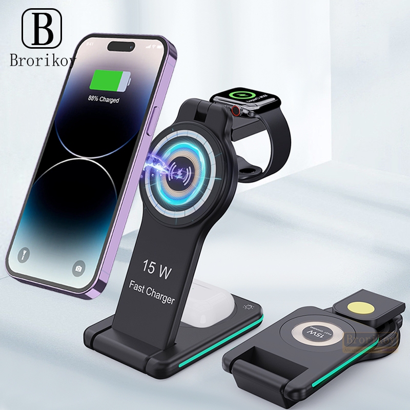 3 IN 1 Magnetic Wireless Chargers สําหรับ Phone16 15 14 13 12 11 Samsung Fast Charging Station สําหร