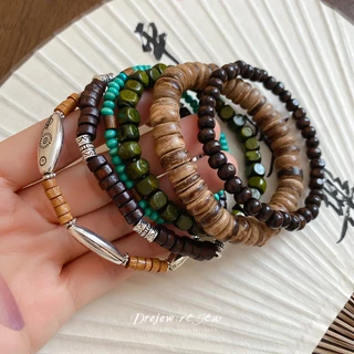 สร้อยข้อมือและกำไลลูกปัดไม้ กะลามะพร้าว สไตล์ชาติพันธุ์ ย้อนยุค (6 ชิ้น)