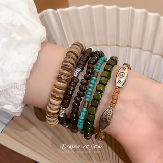 สร้อยข้อมือและกำไลลูกปัดไม้ กะลามะพร้าว สไตล์ชาติพันธุ์ ย้อนยุค (6 ชิ้น)