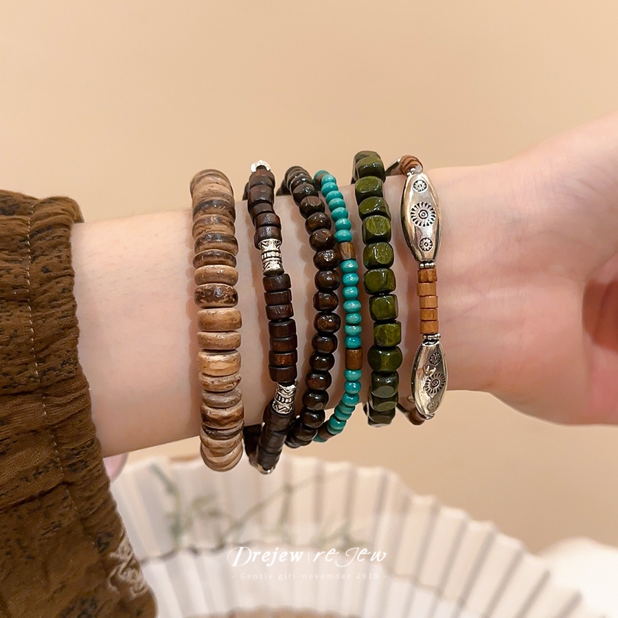 สร้อยข้อมือและกำไลลูกปัดไม้ กะลามะพร้าว สไตล์ชาติพันธุ์ ย้อนยุค (6 ชิ้น)