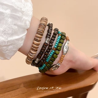 สร้อยข้อมือและกำไลลูกปัดไม้ กะลามะพร้าว สไตล์ชาติพันธุ์ ย้อนยุค (6 ชิ้น)
