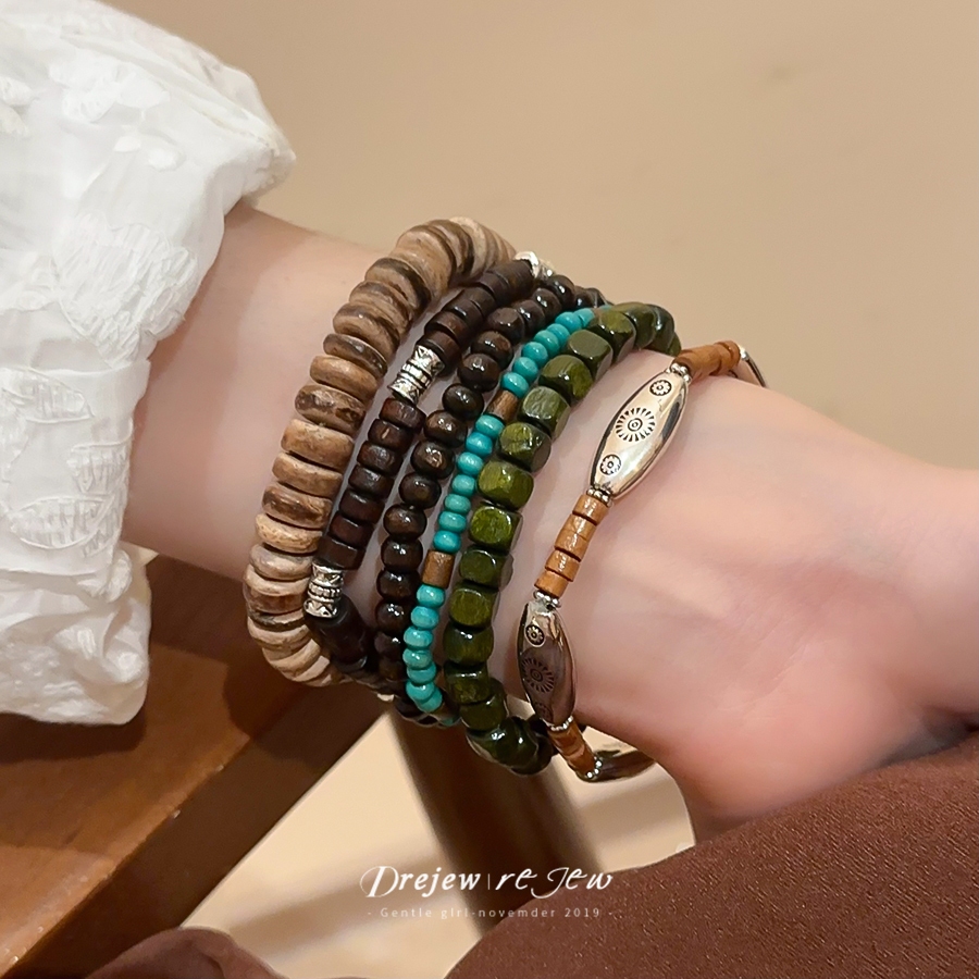 สร้อยข้อมือและกำไลลูกปัดไม้ กะลามะพร้าว สไตล์ชาติพันธุ์ ย้อนยุค (6 ชิ้น) - รูปที่ 5