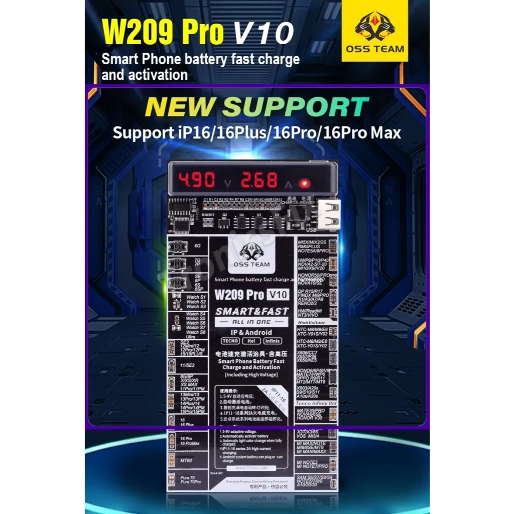 OSS W209 Pro V10 บอร์ดเปิดใช้งานแบตเตอรี่สําหรับ iPhone X-16PM IWatch S1-S8 Xiaomi Samsung Fast Char