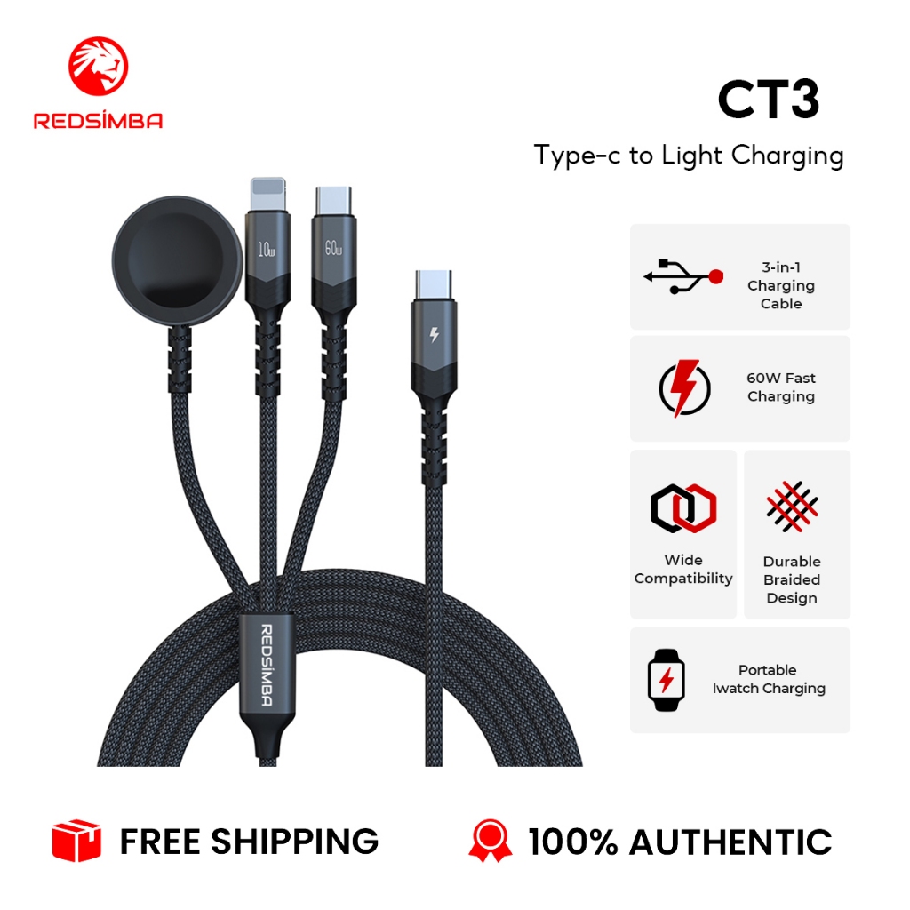 REDSIMBA สายชาร์จ 3-in-1 Type-C ถึง L/Type-C/นาฬิกา | 60w, 10W ชาร์จเร็ว ถัก 1 ม. ทนทานและพกพา