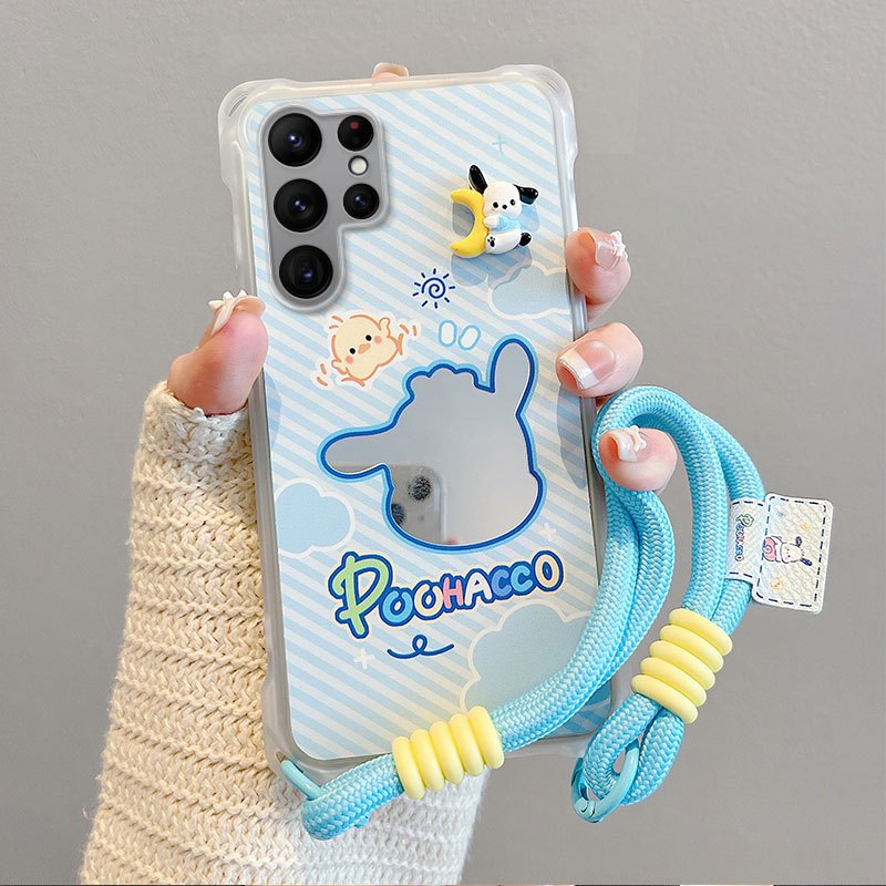 สําหรับ Samsung Galaxy S25 Ultra S24 Ultra S23 Ultra S23 FE กระจกการ์ตูนสี่มุมพร้อมสายรัดข้อมือเชือกเคสโทรศัพท์