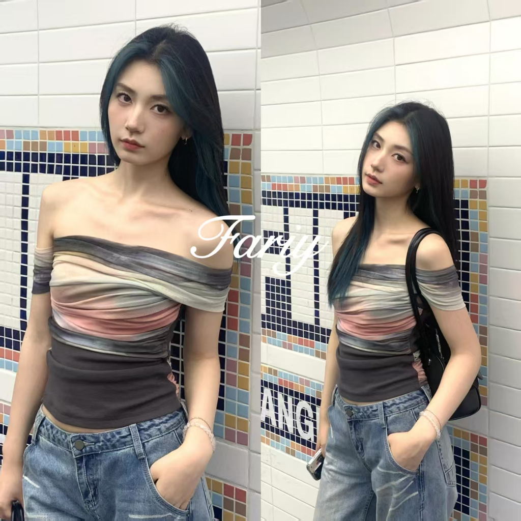 Fariy🍒คลังสินค้าพร้อม🍒 เสื้อยืดแขนสั้นทรงเข้ารูปดีไซน์เก๋ไก๋สไตล์สาวอเมริกันสุดฮอต สีตัดกัน ดีไซน์ฤดูร้อนสำหรับผู้หญิง