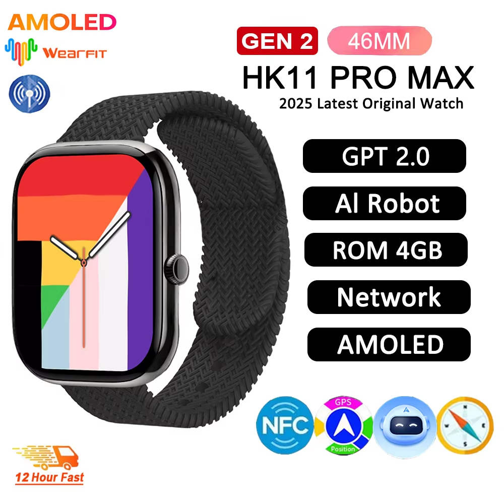 2025 HK11 Pro Max SmartWatch AMOLED 4GB เครือข่าย AI หุ่นยนต์ NFC เข็มทิศท้องถิ่นเพลงผู้ชายผู้หญิง C