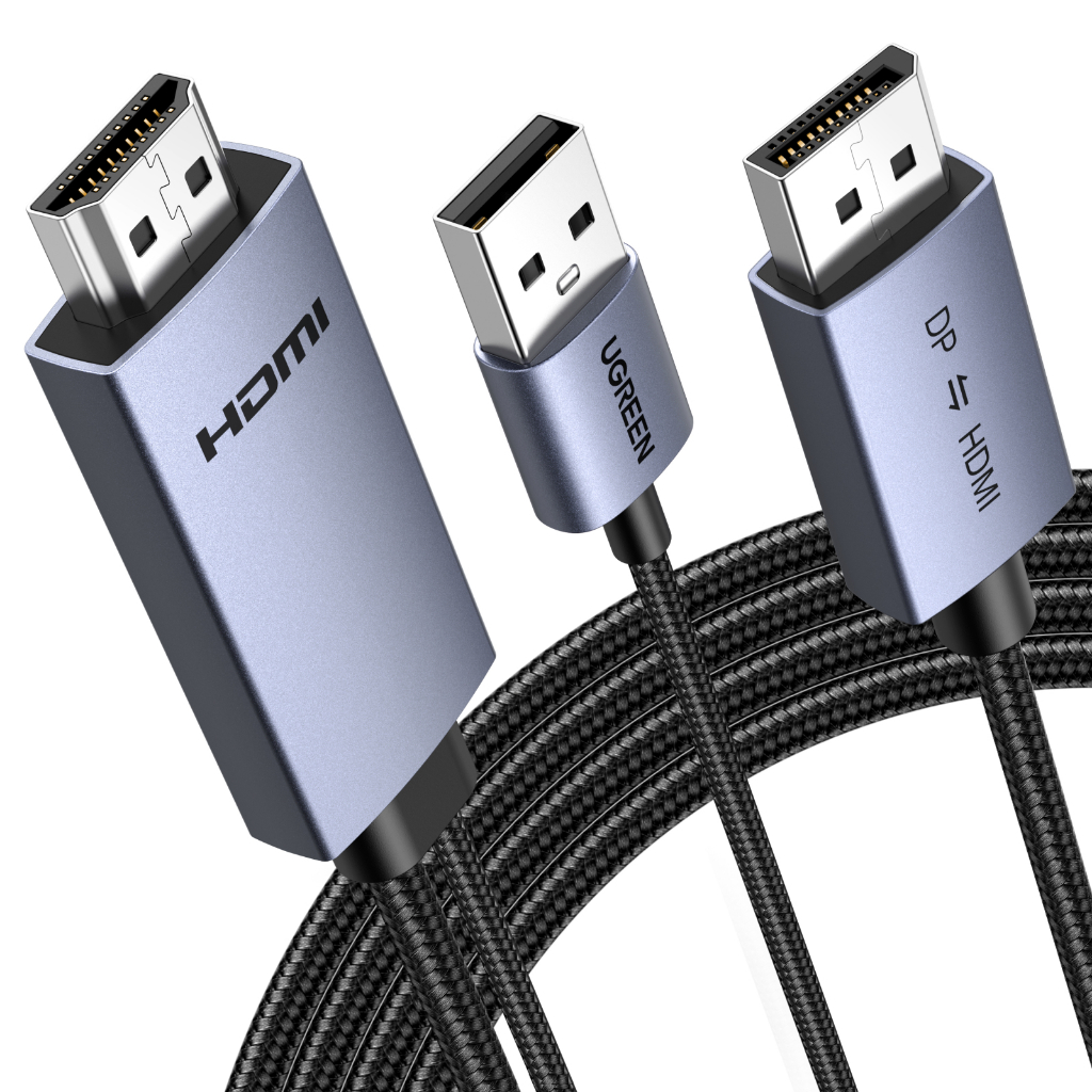 UGREEN 4K DP to HDMI Bidirectional Cable พร้อมสายชาร์จ USB ความละเอียดสูงพร้อมเปลือกอลูมิเนียมและแขน