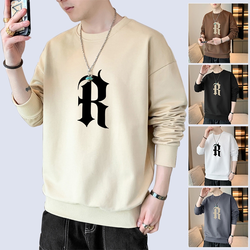 เสื้อยืดแขนยาวลําลอง คอกลม แบบสวมหัว แฟชั่นฤดูใบไม้ผลิ และฤดูใบไม้ร่วง สําหรับผู้ชาย
