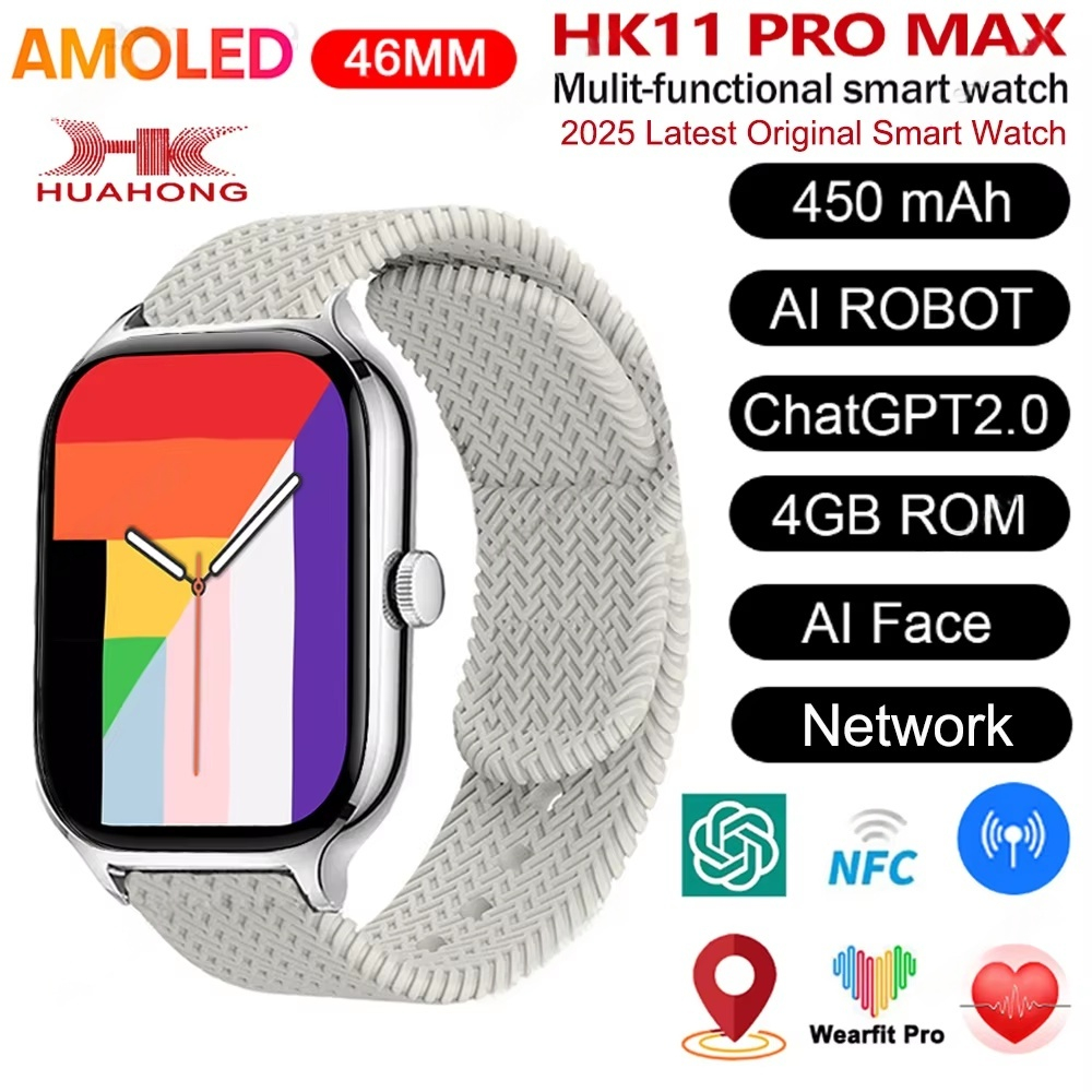 2025 HK11 PRO MAX SmartWatch Original Series 11 AI ROBOT AMOLED NFC เข็มทิศ GPS 4GB อัลบั้มท้องถิ่นเ