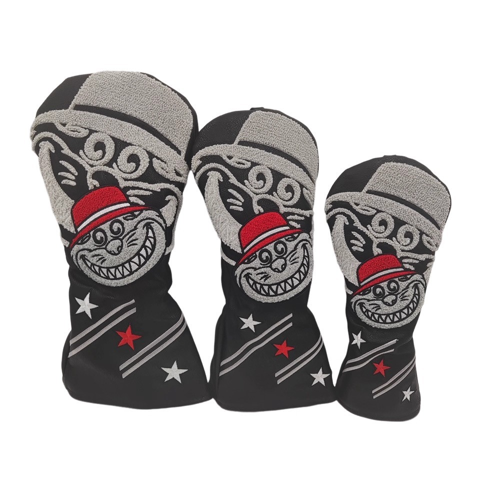Cool cat Golf Headcovers ชุดผ้าเช็ดตัวเย็บปักถักร้อยสามมิติ Retro รูปแบบหนังเทียมทนทานสีดําและสีขาวแฟชั่นบุคลิกภาพไม้หัว