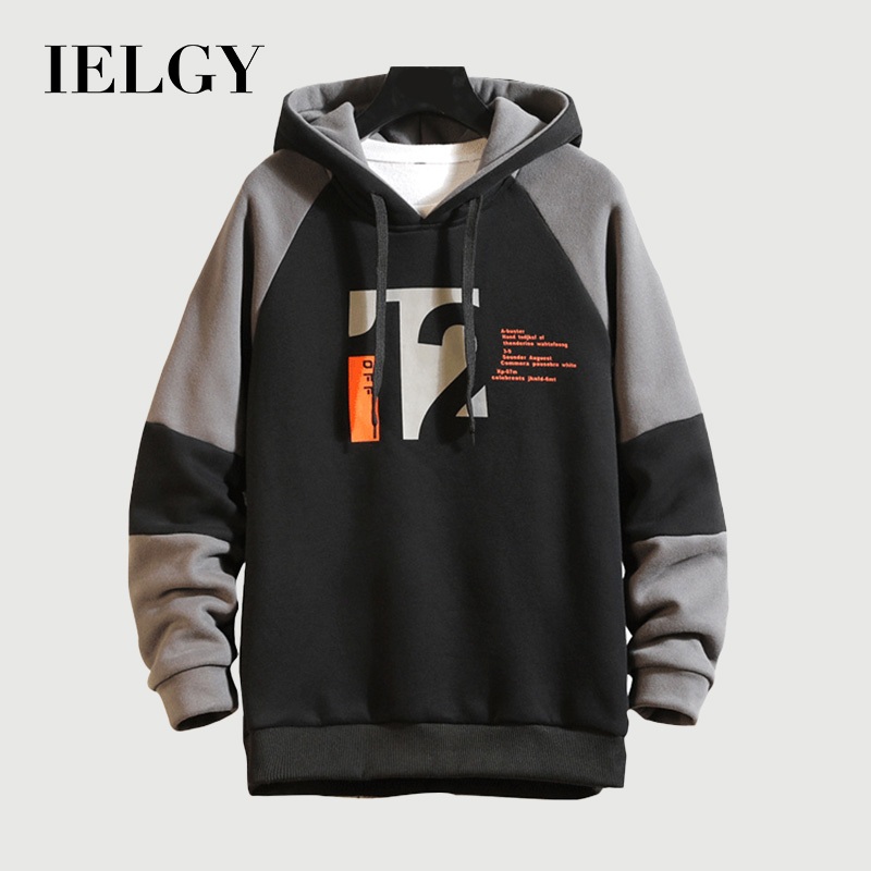 IELGY เวอร์ชั่นเกาหลีคลุมด้วยผ้าตัวอักษรสีขาว เสื้อกันหนาวผู้ชายหลวมเสื้อสวมหัวด้านบนสบายๆอินเทรนด์