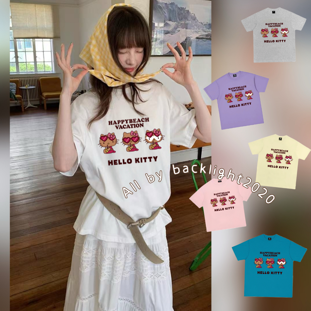 เสื้อยืดแขนสั้น 3XL อบ Kitty Cat หลากสีหนังสีดํา KT Cotton 100% Oversize Pure Cotton เสื้อยืดหลวมสาวแขนสั้นบางการ์ตูนรอบคอ
