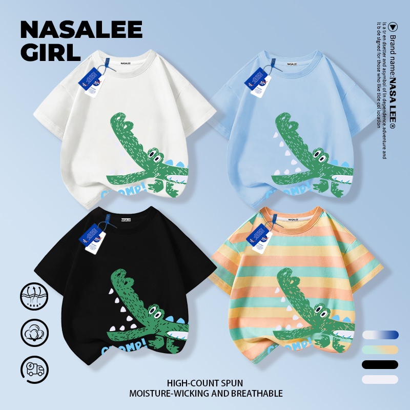 【จัดส่งวันนี้ × ถึงใน 2 วัน】เสื้อยืดเด็ก NASA สีดำ ผ้าฝ้ายระบายอากาศดี ลายจระเข้ปากกว้าง แขนสั้นนุ่มสบาย สำหรับทั้งเด็กชายและเด็กหญิง