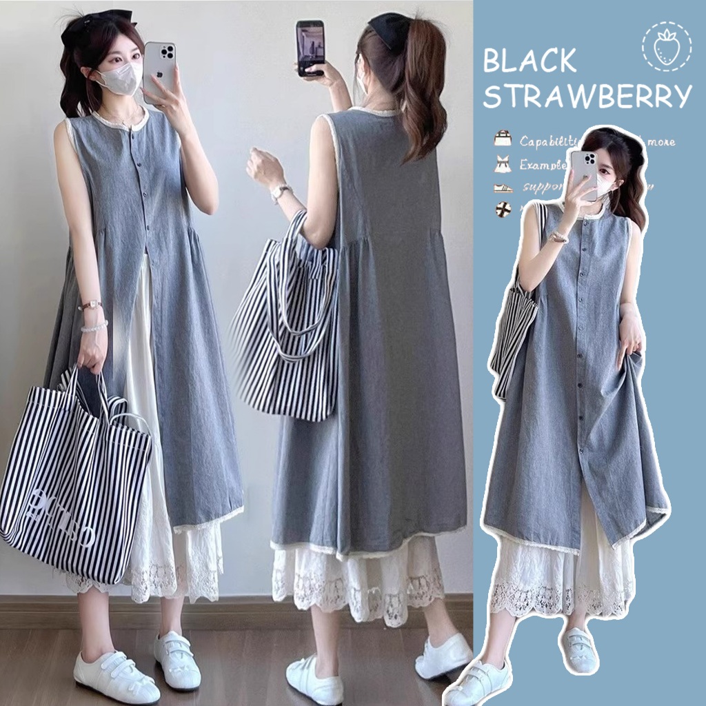 ชุดเสื้อกั๊กกางเกงเกือกม้าสไตล์French Classy Layered Black Strawberry ดีไซน์high-end สำหรับทุกโอกาส