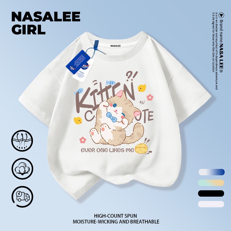 【จัดส่งวันนี้ × ถึงใน 2 วัน】เสื้อยืดเด็ก NASA สีขาว ผ้าฝ้ายระบายอากาศดี ลายแมวน่ารัก เสื้อแขนสั้นยูนิเซ็กซ์ แฟชั่นสวมใส่ได้หลากสไตล์