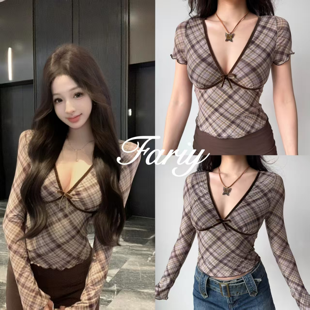 Fariy🍒คลังสินค้าพร้อม🍒 เสื้อยืดแขนสั้นคอวีลึกลายสก็อตสไตล์ยุโรปและอเมริกันย้อนยุคสำหรับผู้หญิง ทรงเข้ารูปและเสื้อตัวสั้น