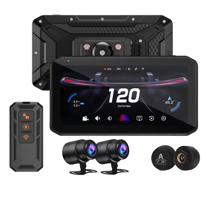 รถจักรยานยนต์ไร้สาย Carplay หน้าจอ 6.25 "กันน้ํา GPS Navigator 2 HD กล้องมอเตอร์ DVR TMPS & BSD Karadar T7 Carplay รถจักรยานยนต์