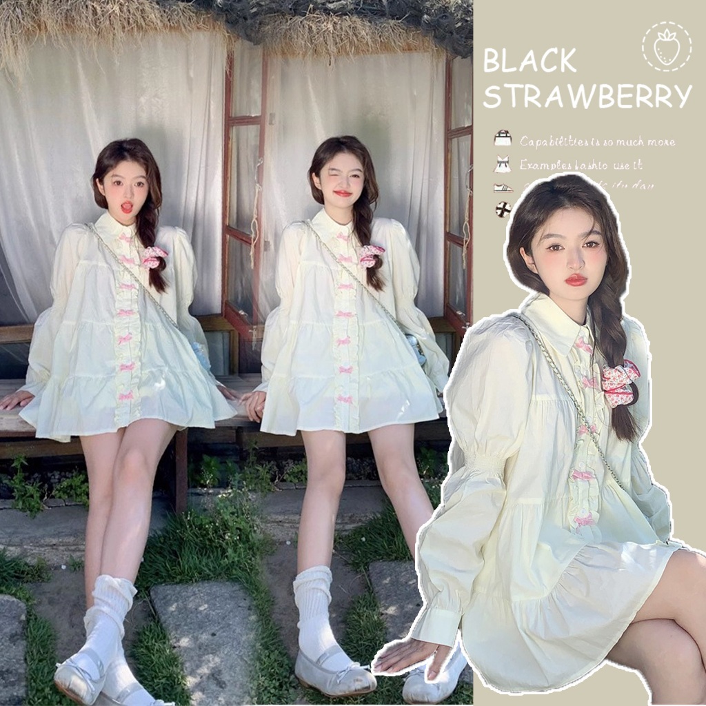 BLACK STRAWBERRY ฤดูร้อนหวานสไตล์อ่อนโยนสามมิติสีคมชัด Bowknot พัฟแขนเสื้อผู้หญิงหลวมด้านบน
