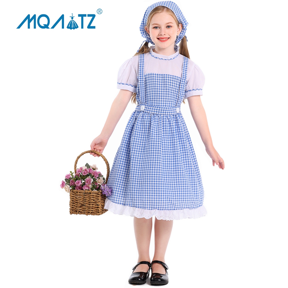 ชุดคอสเพลย์ดอโรธอรี่สำหรับเด็ก สีฟ้าลายตาราง มาพร้อมผ้าโพกหัว TLX03