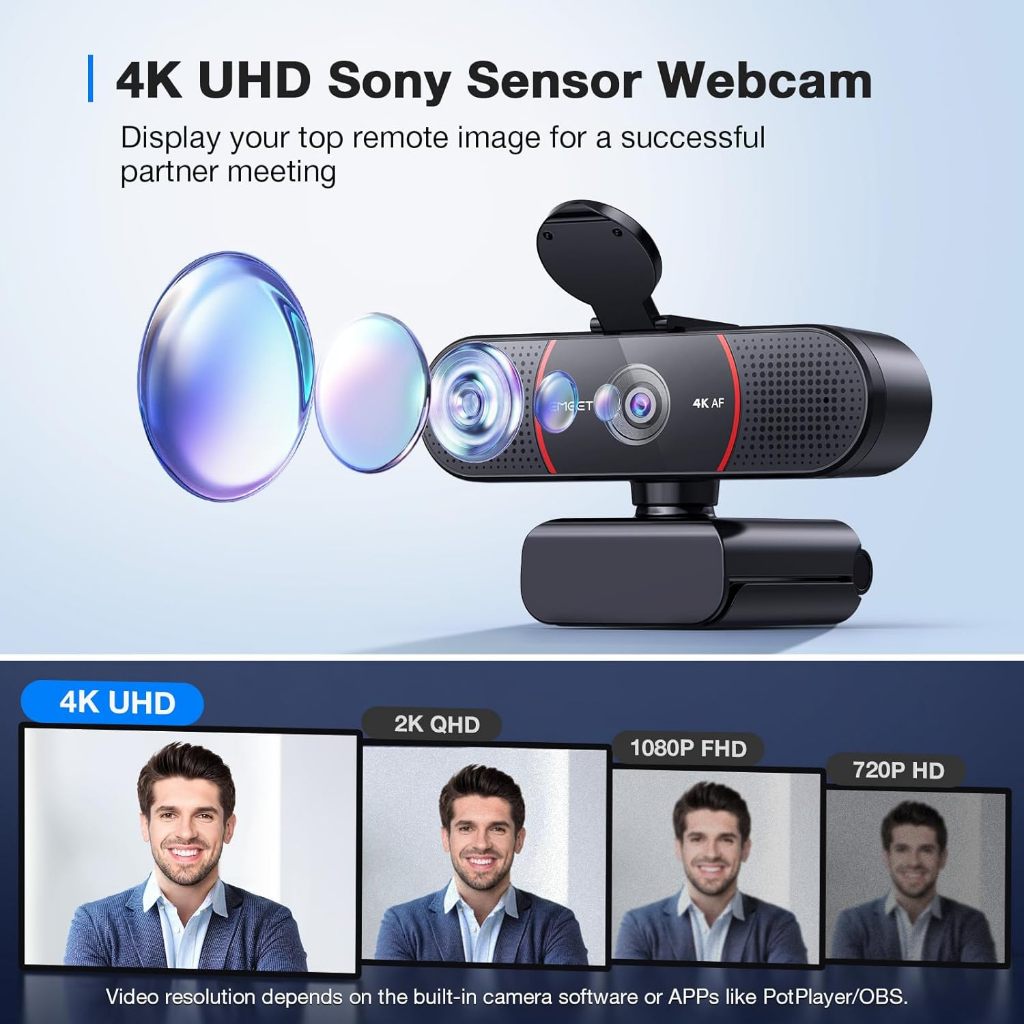 EMEET C960 เว็บแคม 4K สําหรับพีซี, เซ็นเซอร์ 4K UHD Sony, โฟกัสอัตโนมัติ PDAF, ไมโครโฟนตัดเสียงรบกวน AI คู่, การแก้ไขแสงอัตโนมัติ, 73° FOV, เว็บแคม Plug&Play พร้อมฝาครอบความเป็นส่วนตัว, ทํางานพร้อมซูม/ทีม