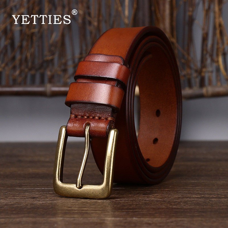 YETTIES เข็มขัดหนังแท้ขนาด 3.3 ซม. ดีไซน์หรูหรา หัวเข็มขัดทำจากทองเหลือง พันธุ์วัวแท้Vintage สำหรับสวมใส่กับยีนส์และเสื้อผ้าลำลอง ราคา ถูกที่สุด ดีลบีเคเค