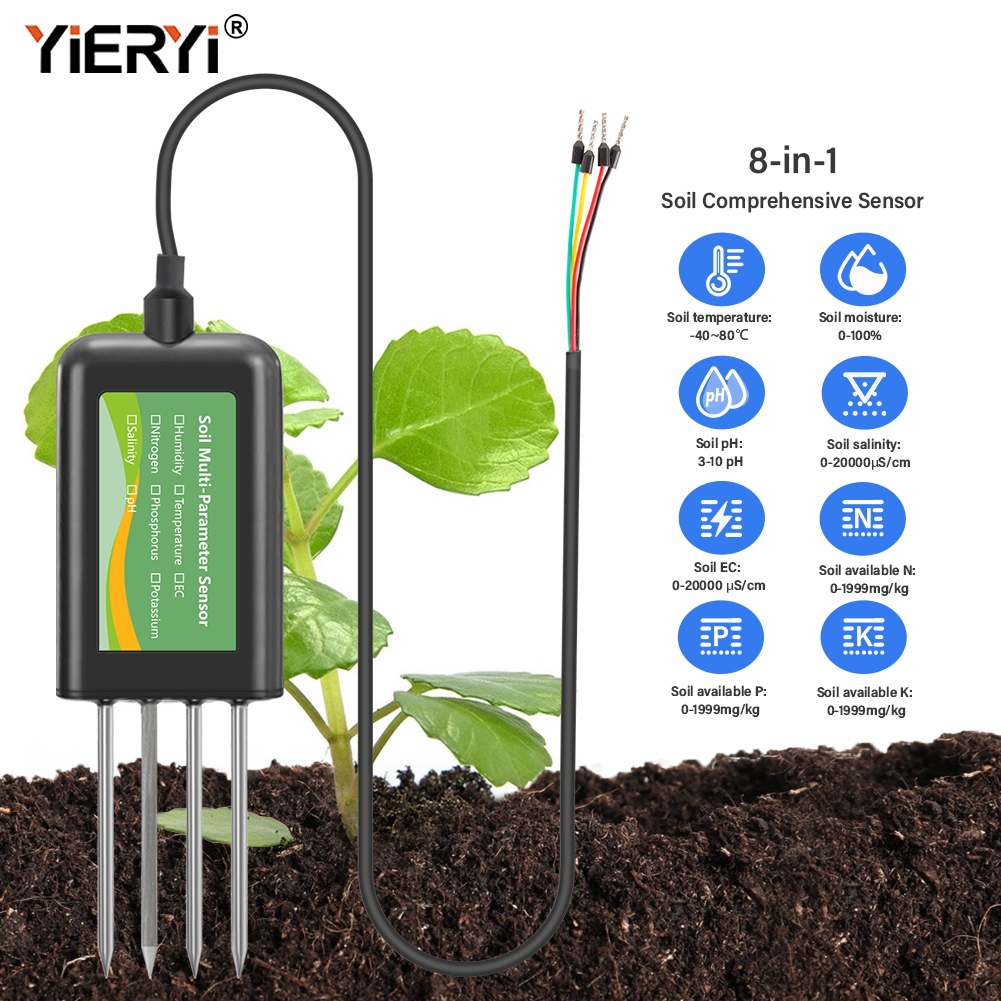 YiERYI 8-in-1 ดิน Multi-Parameter เครื่องทดสอบการวัดอัจฉริยะของ NPK/EC/ความเค็ม/pH/อุณหภูมิและความชื้น RS485 เอาต์พุต IP68 กันน้ําเหมาะสําหรับการเกษตร/เรือนกระจก