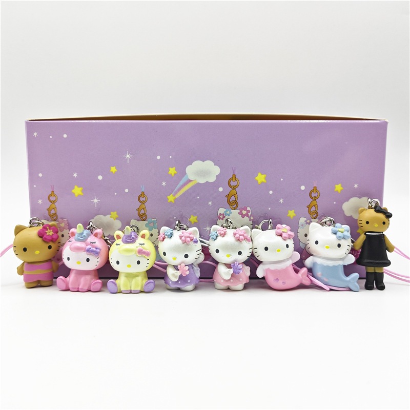 8 ชิ้น/เซ็ตการ์ตูนอะนิเมะ Hello Kitty Mascot Mermaid Unicorn สีดําผิว Kitty โทรศัพท์มือถือเชือกจี้รุ่น Q PVC Action Figures ตุ๊กตาของเล่น