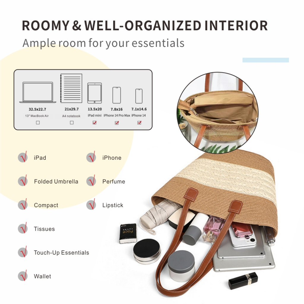 กระเป๋าถักจากฟางสำหรับวันหยุดในฤดูร้อน ความจุขนาดใหญ่ สไตล์แฟชั่นปัจจุบัน เหมาะสำหรับเดินเล่นที่ชายหาดและช้อปปิ้งแบบสบายๆ - รูปที่ 7