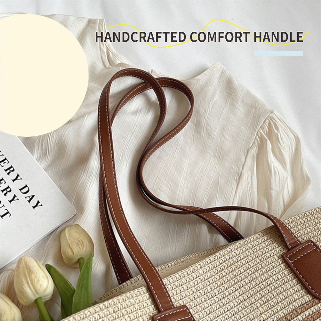 กระเป๋าถักจากฟางสำหรับวันหยุดในฤดูร้อน ความจุขนาดใหญ่ สไตล์แฟชั่นปัจจุบัน เหมาะสำหรับเดินเล่นที่ชายหาดและช้อปปิ้งแบบสบายๆ - รูปที่ 5