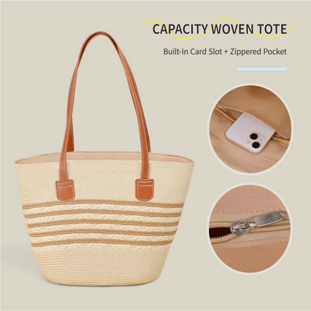 กระเป๋าถักจากฟางสำหรับวันหยุดในฤดูร้อน ความจุขนาดใหญ่ สไตล์แฟชั่นปัจจุบัน เหมาะสำหรับเดินเล่นที่ชายหาดและช้อปปิ้งแบบสบายๆ - รูปที่ 4