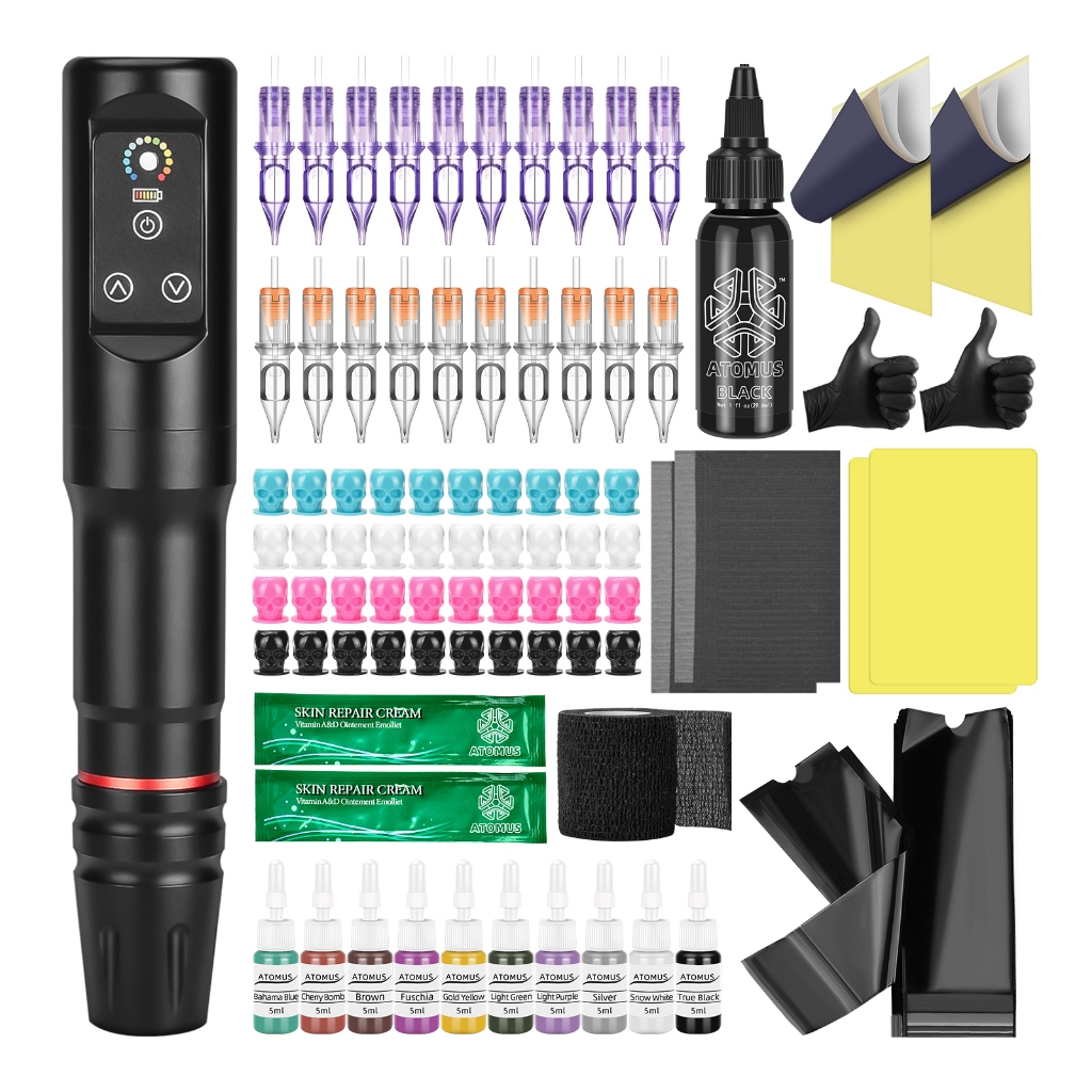 ATOMUS Tattoo Machine Pen Set Full Wireless Tattoo Pen Rotary Tattoo Machine ตลับหมึกชุดเข็ม Tattoo 