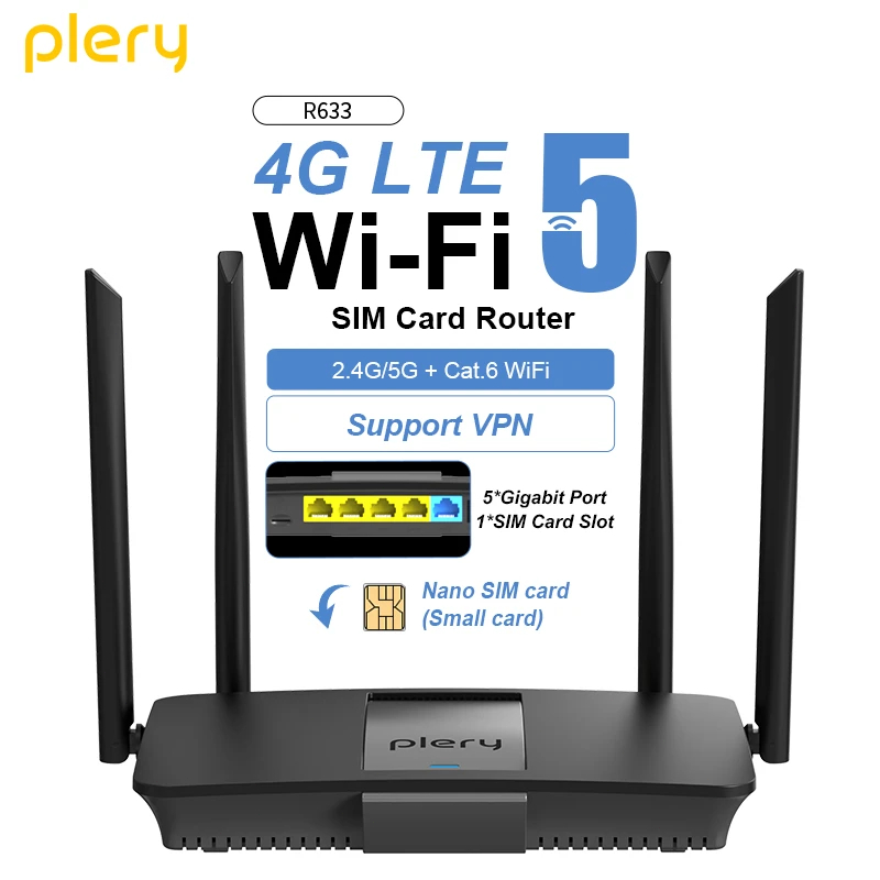 Plery 4G LTE Cat6 1200Mbps SIM Card Router Dual Band 2.4G /5.8G เราเตอร์ไร้สาย Extender เครื่องขยายเ