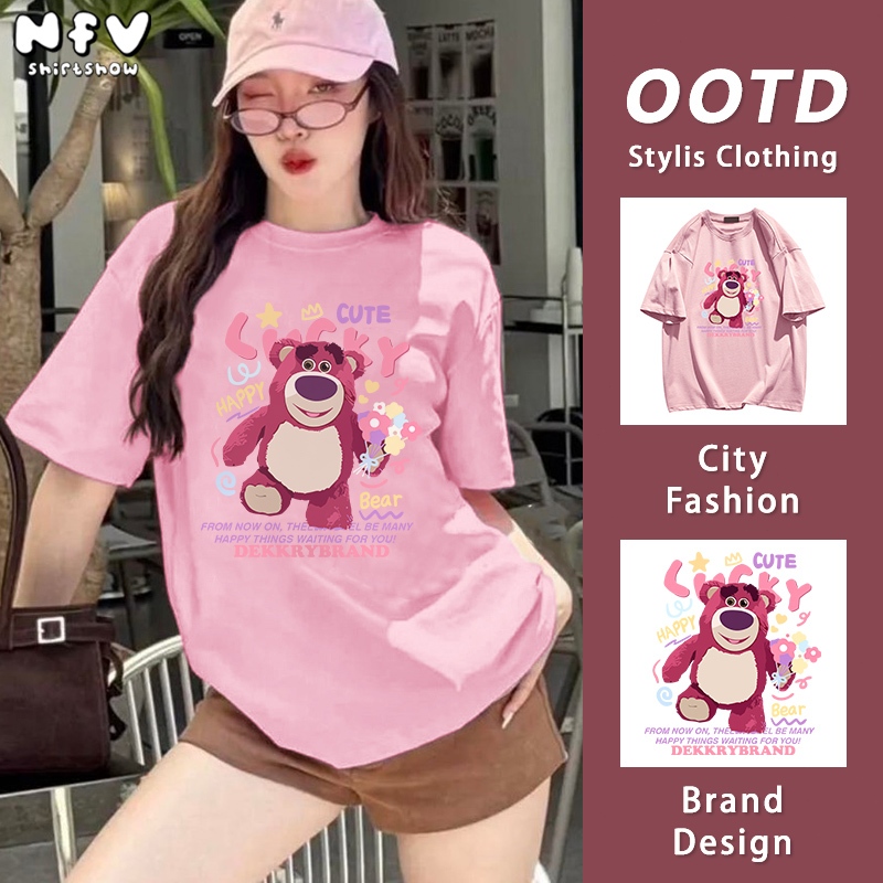 NFV เสื้อยืดคอกลมแขนสั้น💖ลายหมีสตรอว์เบอร์รี่ oversize ผ้านิ่ม ใส่สบาย สาวอวบ 100% Cotton t-shirt YG53