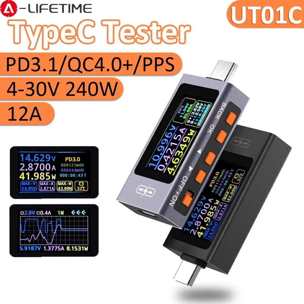 UT01C เครื่องทดสอบ Type C - วอลต์มิเตอร์แอมมิเตอร์ - จอภาพ 4-30V 0-8A - ตรวจจับการชาร์จเร็ว - วัดความผันผวน - รองรับ PD3.1/QC4.0+/PPS