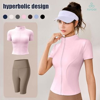 FUYOGI Yoga Jacket Sports Workout Clothes Women Set Short Sleeve Zipper Yoga Top Running Gym Outfit