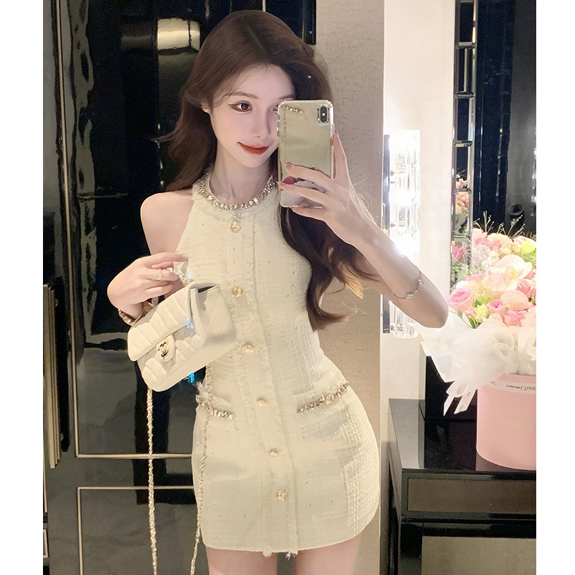 French Party ชุดสตรี เทวด์สีครีม ตัดเย็บเนี้ยบ มีดีไซน์ คอรอบแขนกุด สวมใส่สบาย