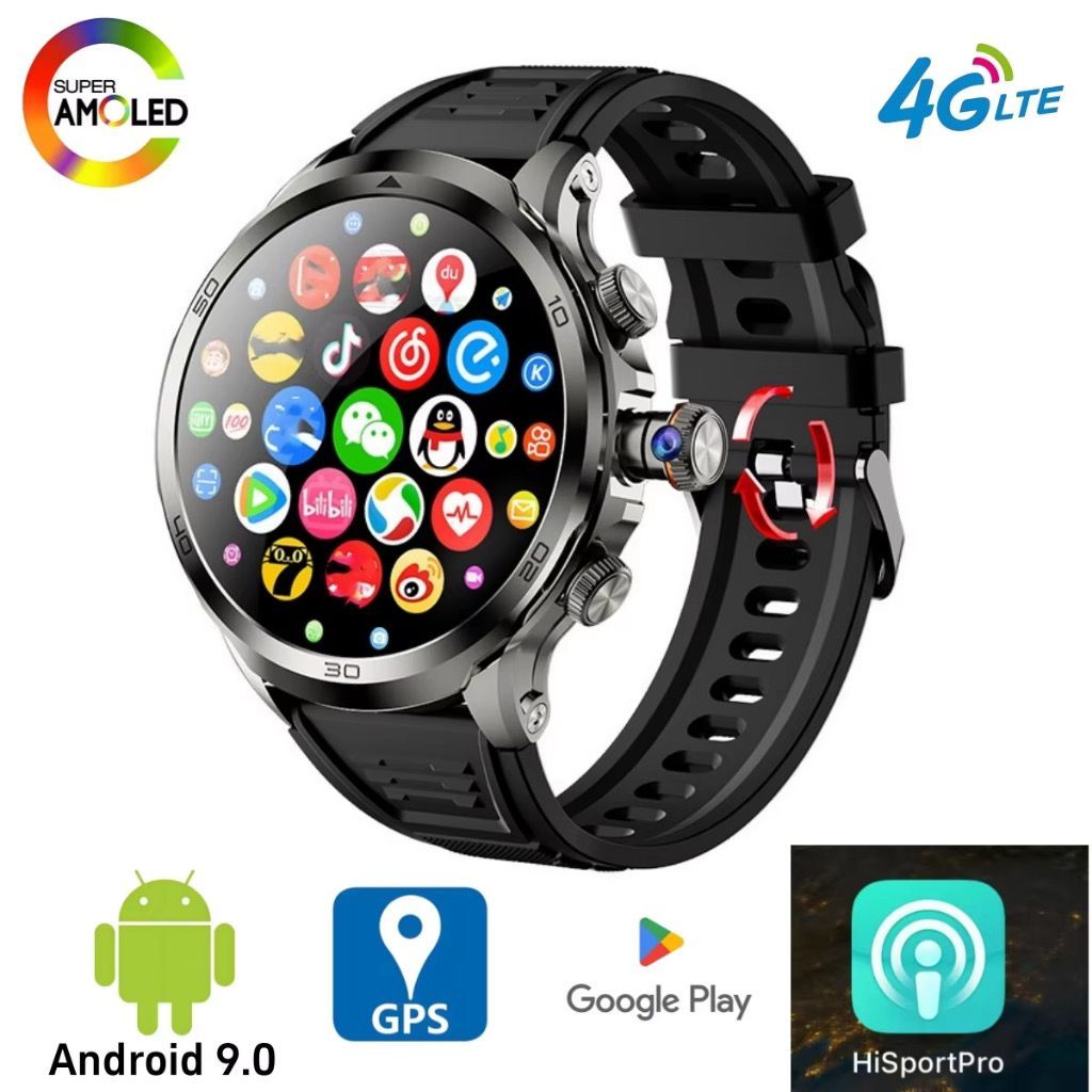 H19 Android สมาร์ทนาฬิกา 4G ซิมการ์ดสมาร์ทนาฬิกาโทรศัพท์ AMOLED หมุนกล้อง APP ดาวน์โหลด 2025 wifi GP