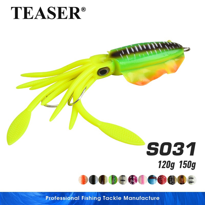 TEASER【S031】120g 150g Trolling Lure Soft Squid Lure 3D Eyes UV Luminous Squid Jigging Lure กระโปรงตกปลาน้ําเค็ม Lure Either พร้อมตะขอ