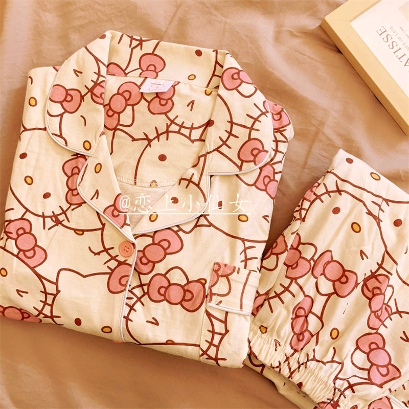 การ์ตูนญี่ปุ่นน่ารัก Hello kitty ชุดนอนผู้หญิงฤดูใบไม้ผลิฤดูใบไม้ร่วงสไตล์ใหม่เกาหลีรุ่นแขนยาวกางเกงขายาว Lounge