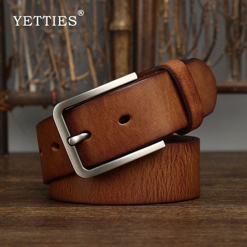 YETTIES เข็มขัดหนังวัวแท้ 3.8 เซนติเมตร สำหรับผู้ชายและผู้หญิง หัวเข็มขัดทองเหลือง สไตล์คาวบอย