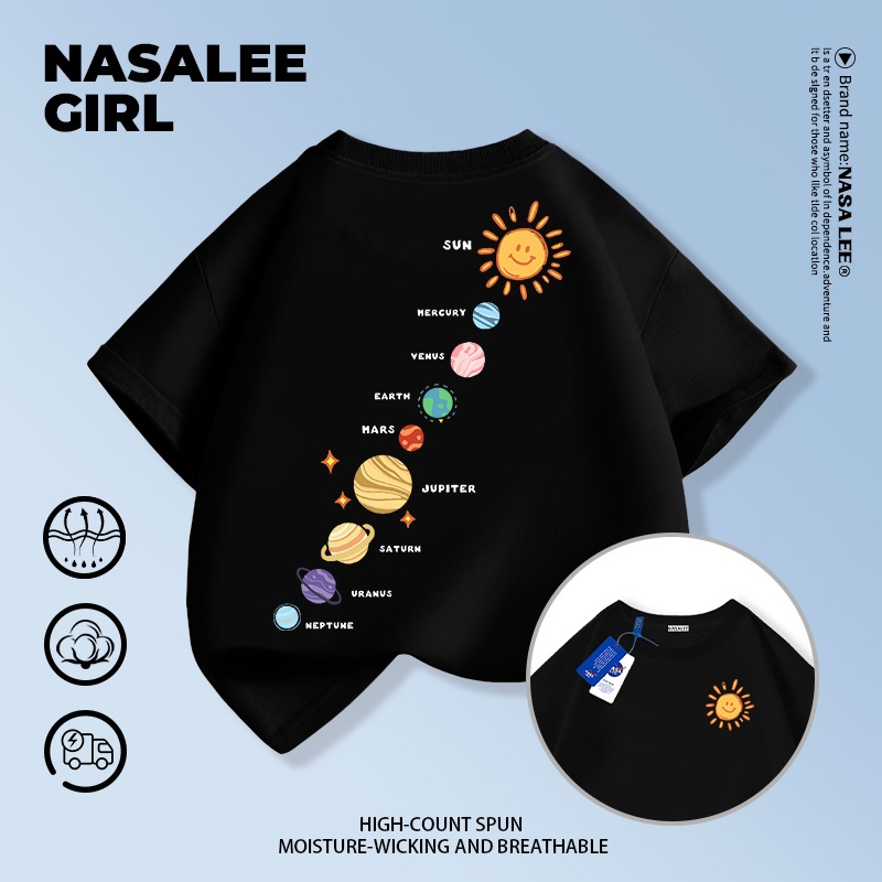 【คอลเลคชั่นใหม่ฤดูร้อน】เสื้อยืดแขนสั้นสีดำสำหรับเด็ก ลายดาวเคราะห์ NASA เนื้อผ้าฝ้ายแท้ 2025 เสื้อแฟชั่นสำหรับเด็กชายและเด็กหญิง