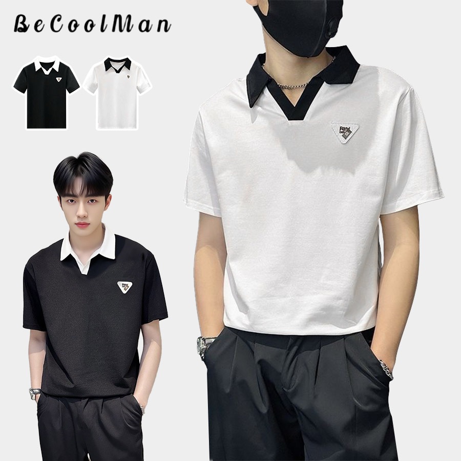 💥BecoolMan💥เสื้อโปโลผู้ชายแบบเรียบง่าย สีเย็บคอวี   แบบหลวม  ลำลองแมทช์ลุคง่าย