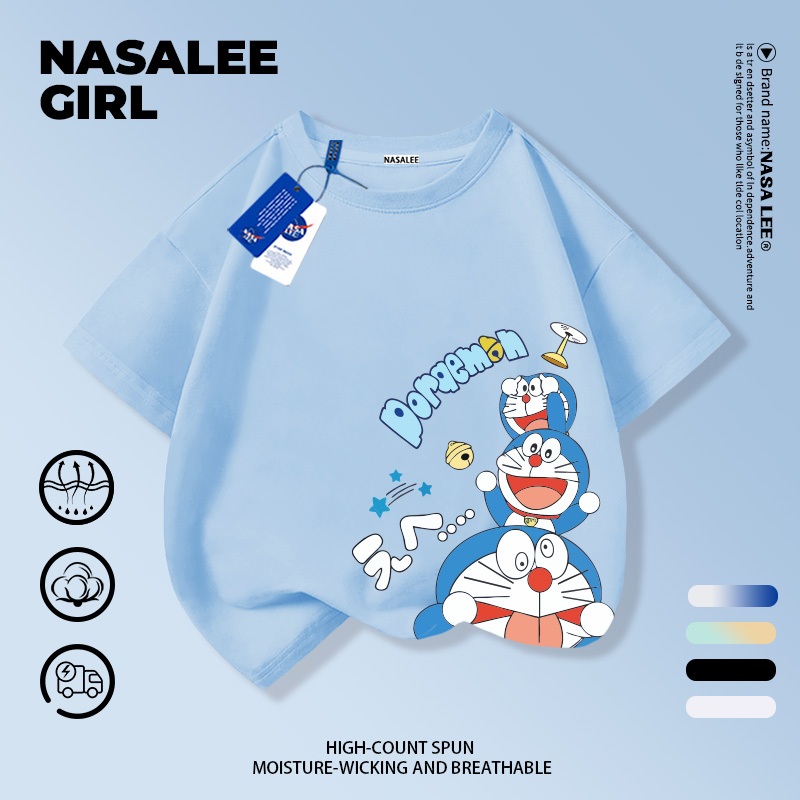 NASA เสื้อยืดแขนสั้นลายทางสีฟ้าและขาวผ้าฝ้ายแท้ลายโดราเอมอนสำหรับเด็กชายและเด็กหญิง รุ่นใหม่ 2025 เสื้อผ้าลำลองสบายผิวและเหมาะกับฤดูร้อน