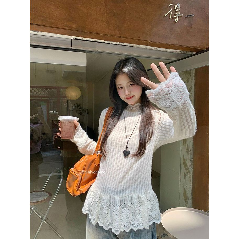 เสื้อยืดลายลูกไม้ สไตล์เกาหลีเรียบง่าย สีขาวสำหรับผู้หญิง