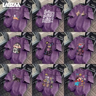 LABZAA เสื้อยืดแขนสั้นคอกลม🔥 วินเทจฟอกน้ำ ทรง Oversize นุ่ม …