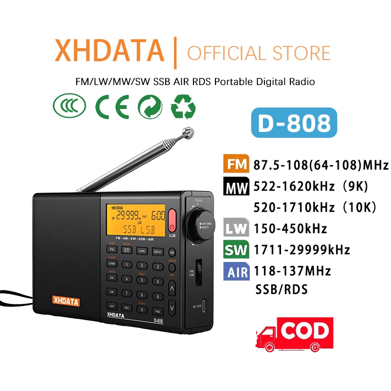 XHDATA D-808 วิทยุความถี่การบิน FM/SW/MW/LW/RDS | SSB วิทยุคลื่นสั้น ระดับมืออาชีพ | วิทยุแบบชาร์จได