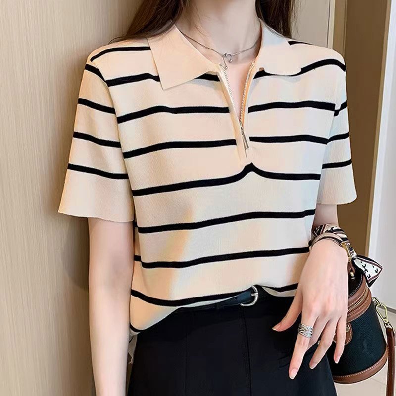C&m เสื้อยืดแขนสั้นคอปกโปโลถักลายทางสําหรับผู้หญิงฤดูร้อนใหม่