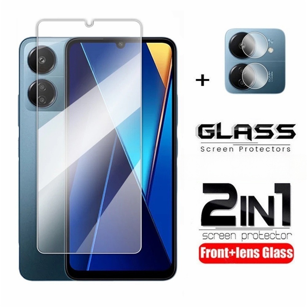 2 in 1 ป้องกันหน้าจอฟิล์มกระจกนิรภัยสําหรับ Poco C65 C75 C65 C 65 C 75 C 61 กล้องกลับเลนส์ป้องกันกระ